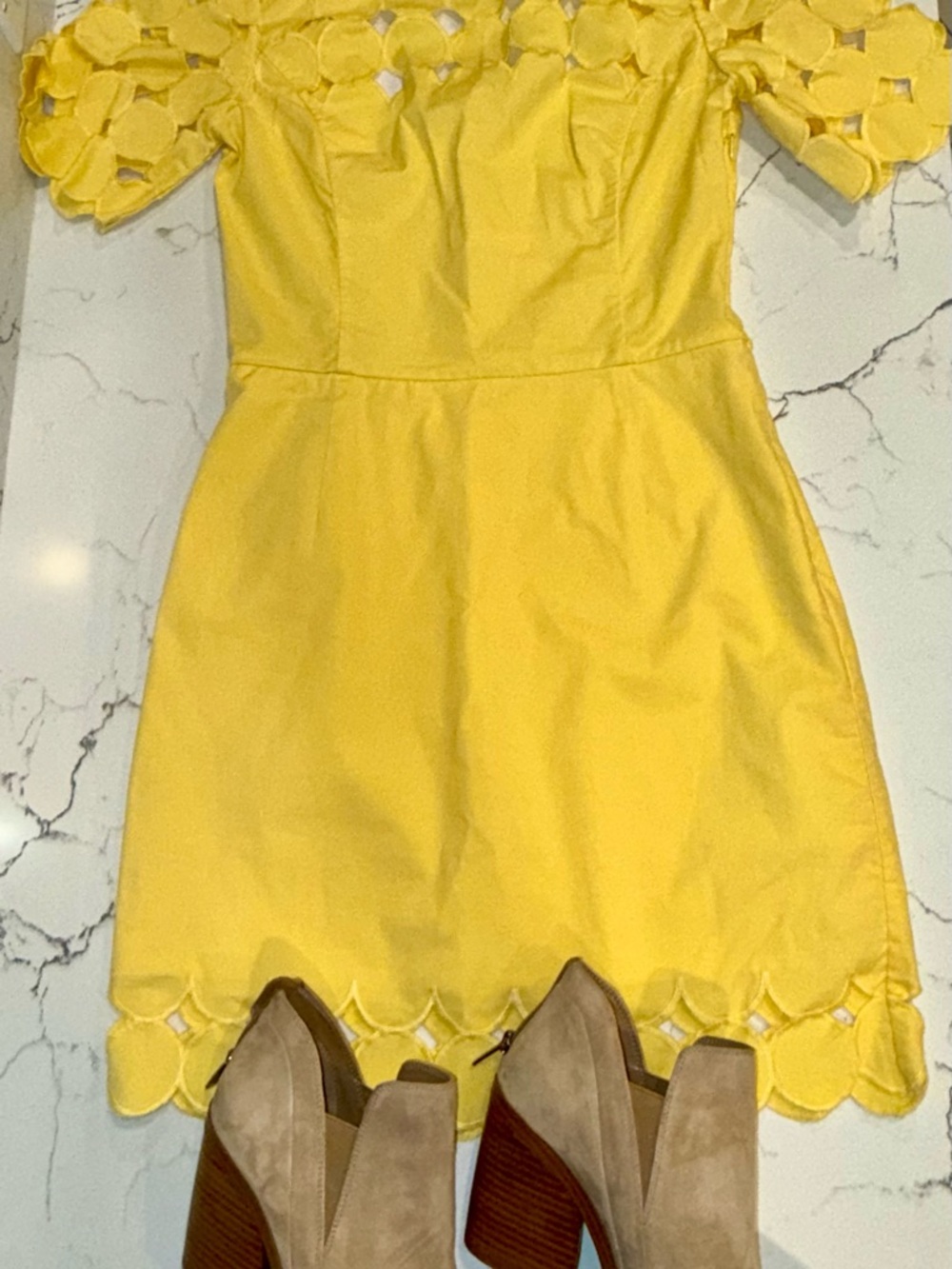 Anthropologie Bright Yellow Mini Dress with Scalloped Cutout Detail